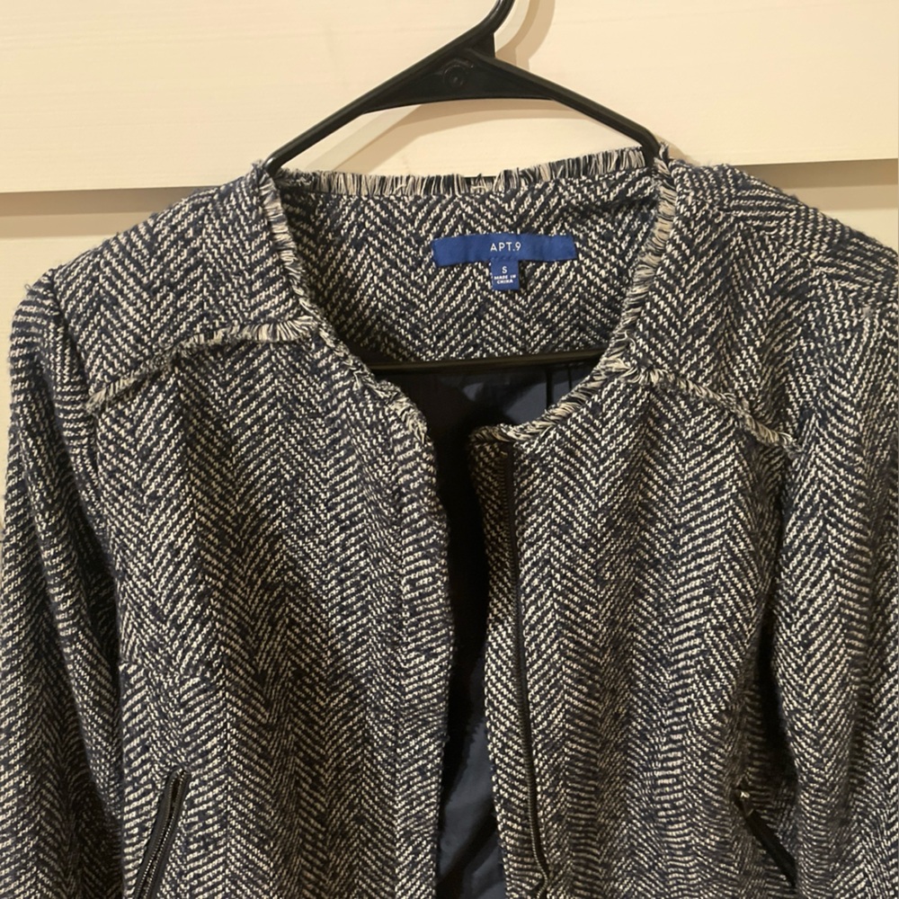 Apt. 9 Navy Blue And White Herringbone Tweed Moto Jacket With Fringe Size Small